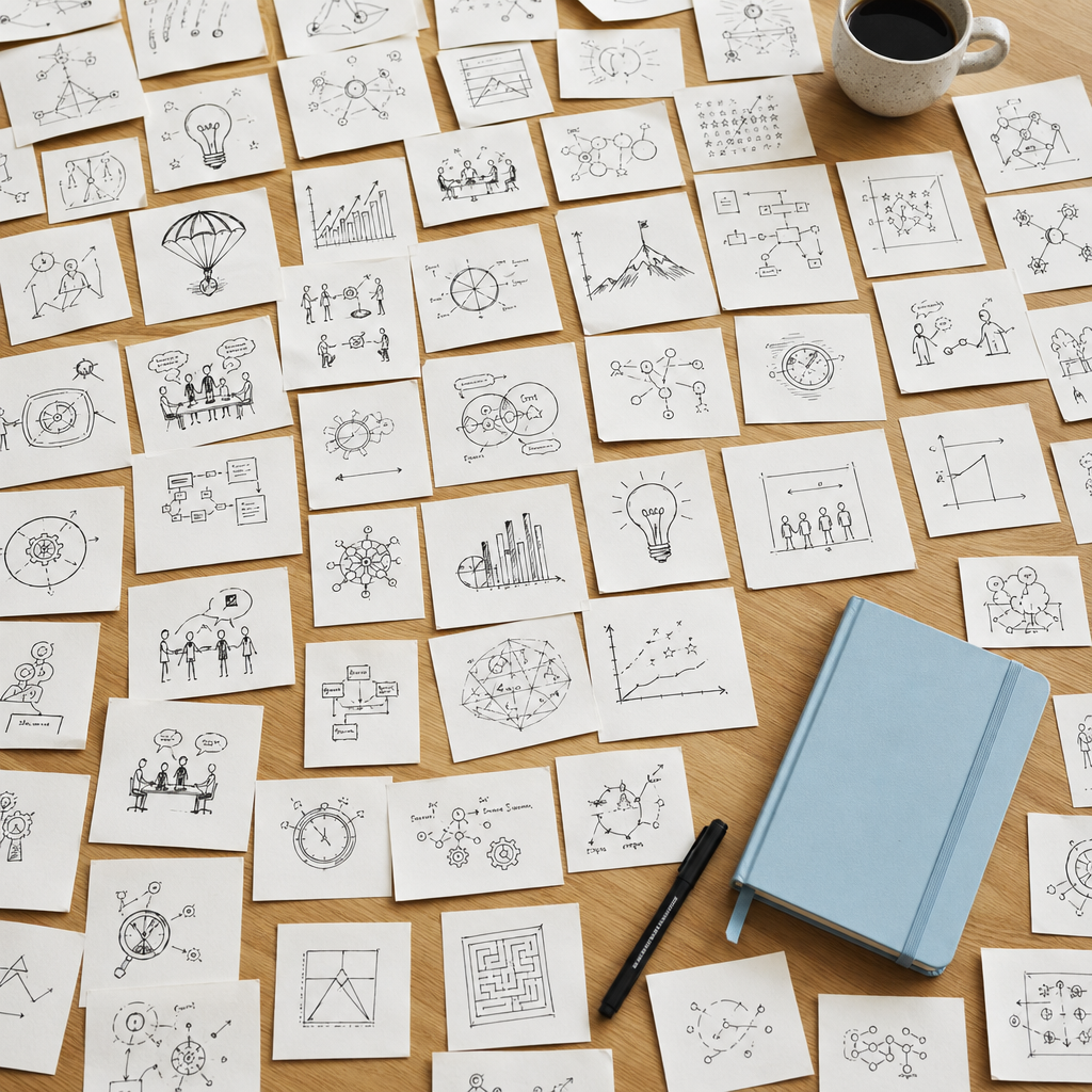 Hunderte von Sketchplanations-Skizzen auf einem Tisch